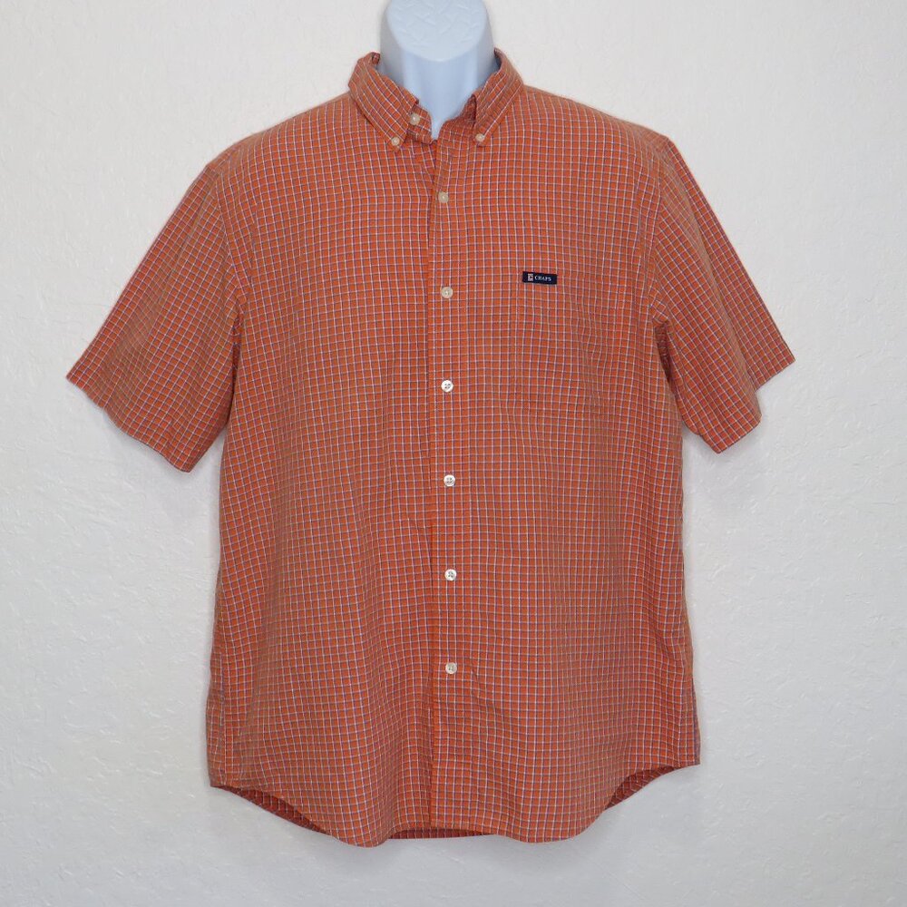 Chaps* Men's Short Sleeve Button Down Curved Hem Pocket Checkered Shirt~ Large